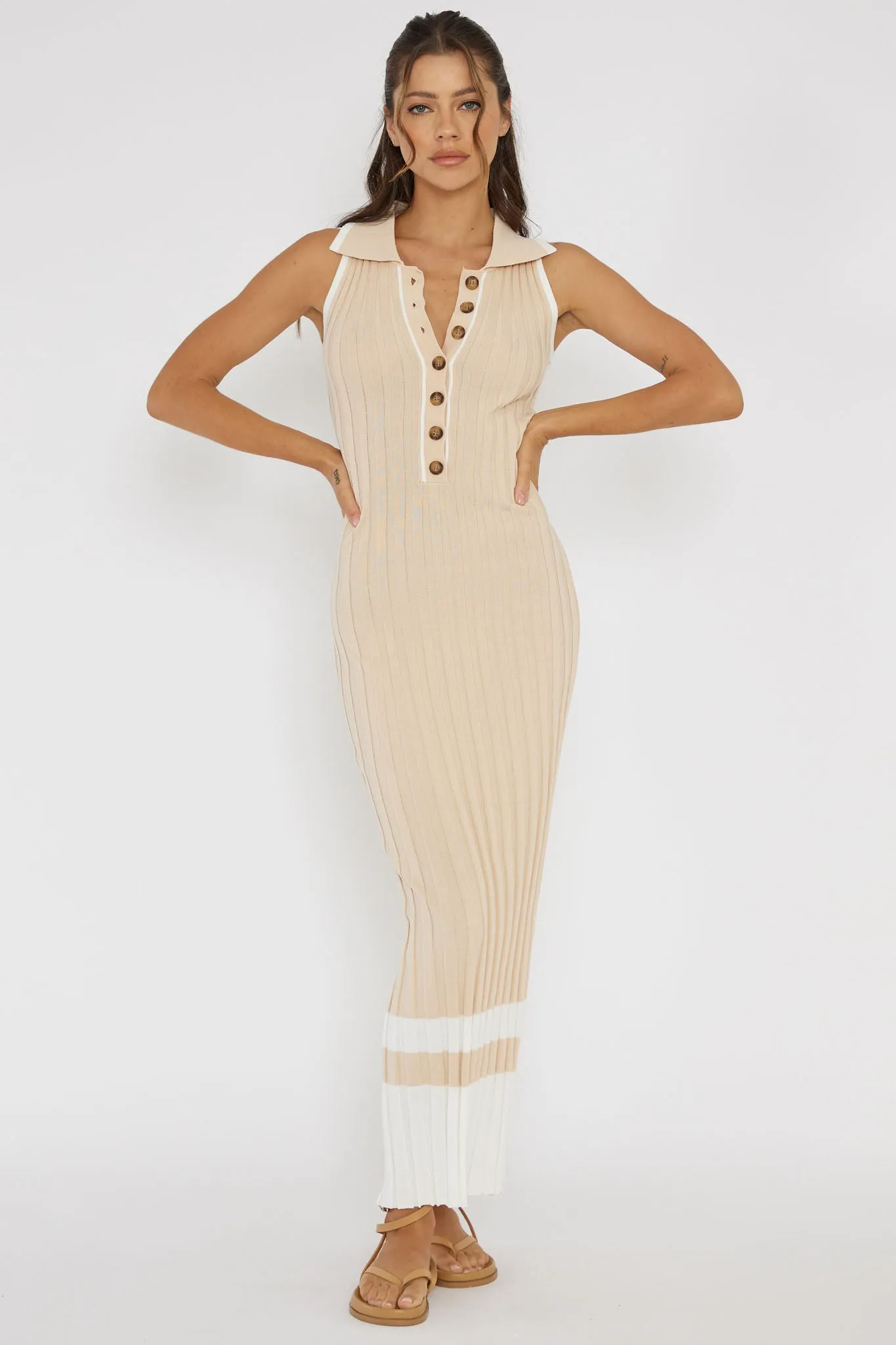 Cayla Button-Up Ribbed Knit Dress Sand