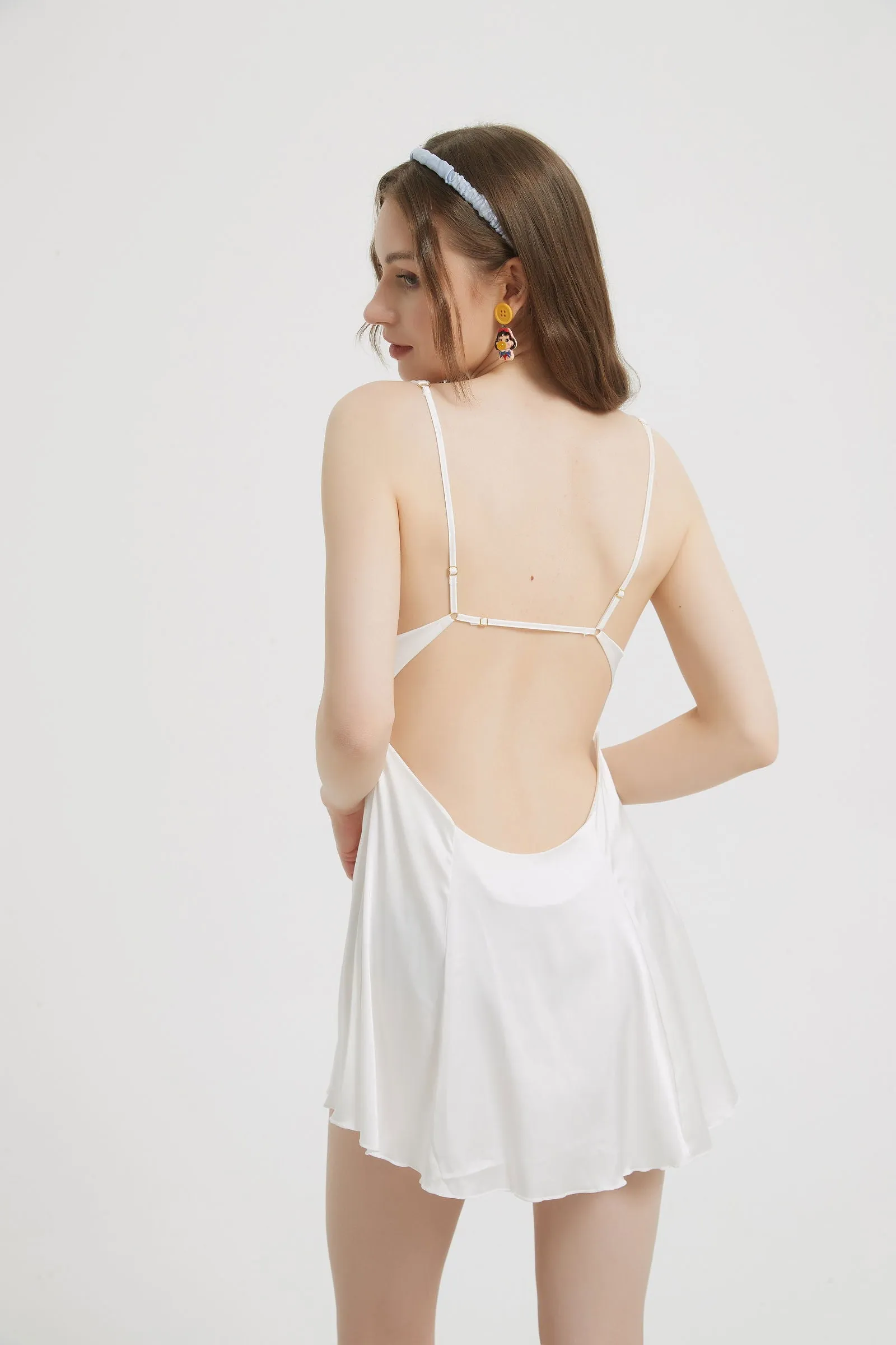 Chic White Satin Bow Tie Babydoll Dress