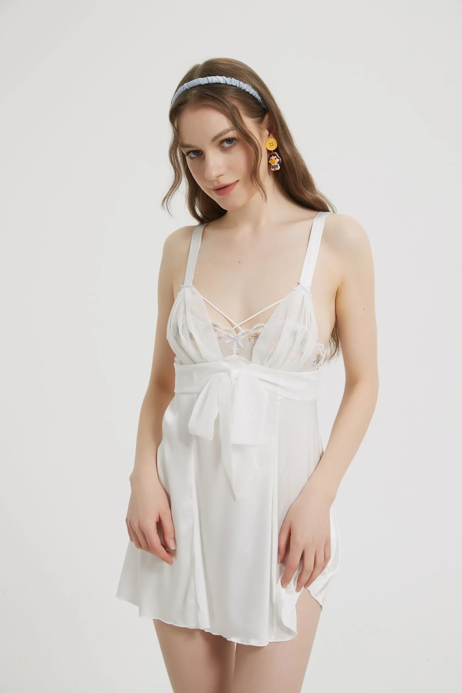 Chic White Satin Bow Tie Babydoll Dress