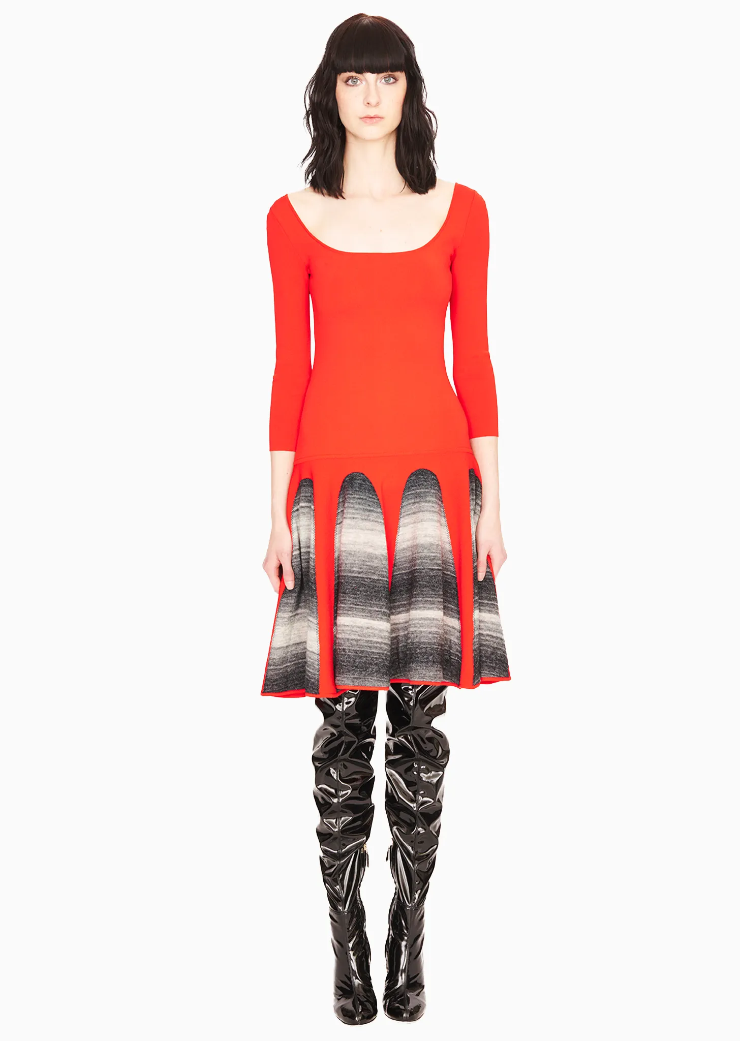 Christiane - Knitted, 3/4 Sleeve Red Dress with Grey Motif