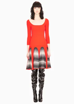 Christiane - Knitted, 3/4 Sleeve Red Dress with Grey Motif