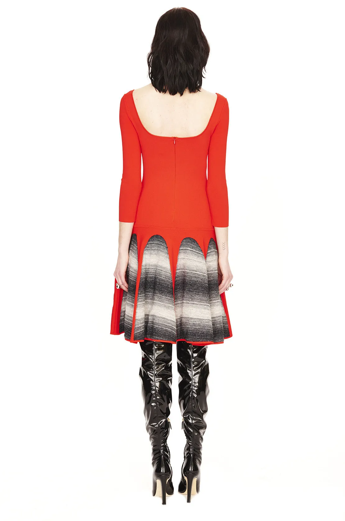 Christiane - Knitted, 3/4 Sleeve Red Dress with Grey Motif