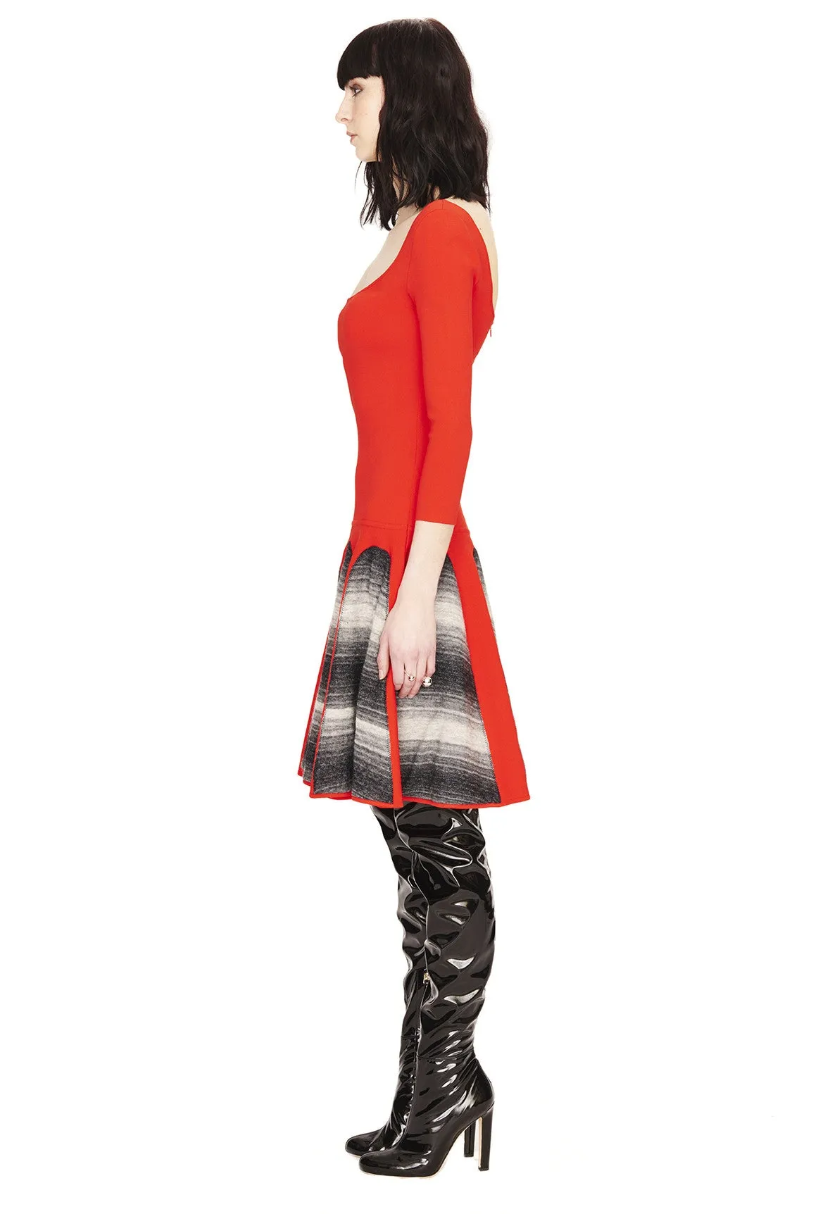 Christiane - Knitted, 3/4 Sleeve Red Dress with Grey Motif