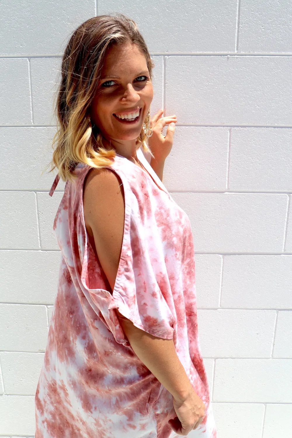 Cold Shoulder Dress In Pink Splash