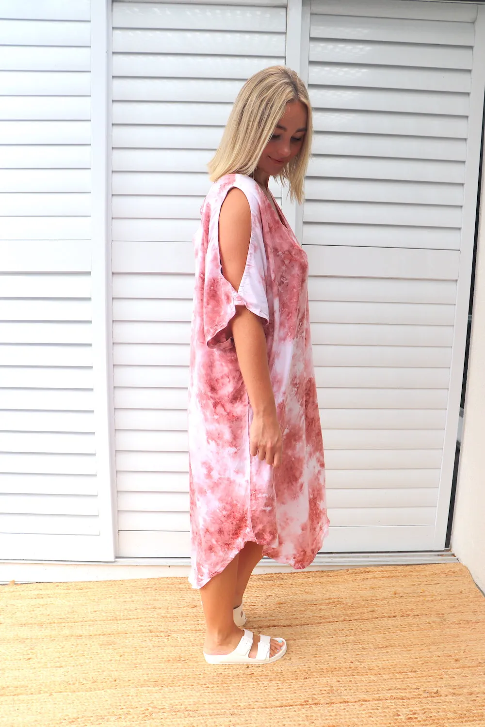 Cold Shoulder Dress In Pink Splash