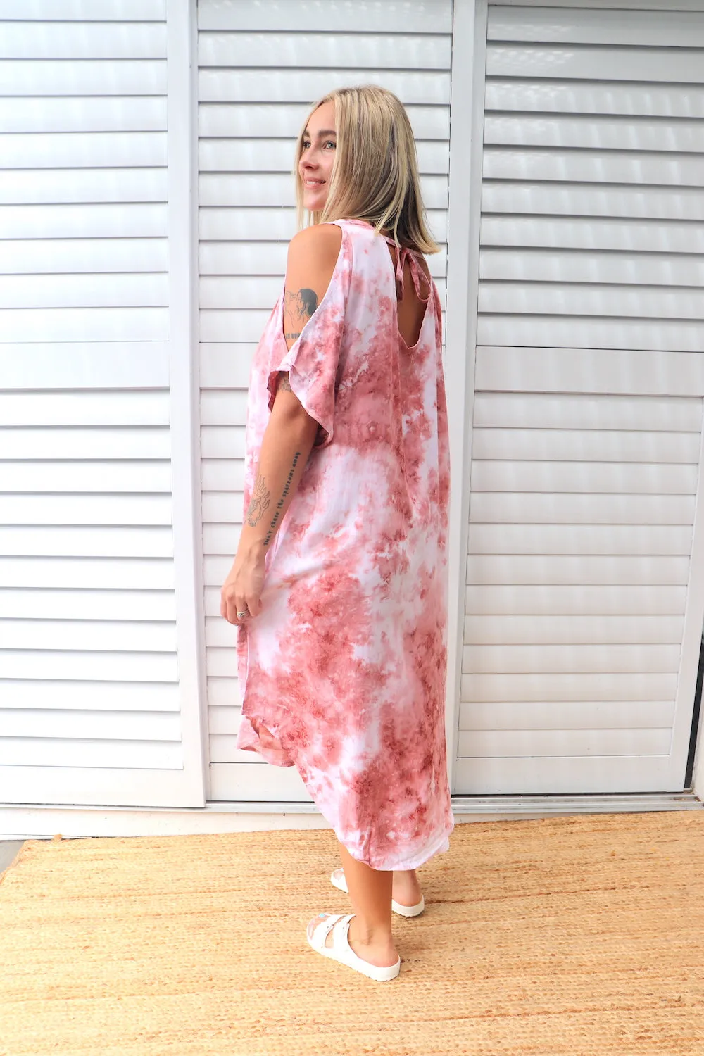Cold Shoulder Dress In Pink Splash