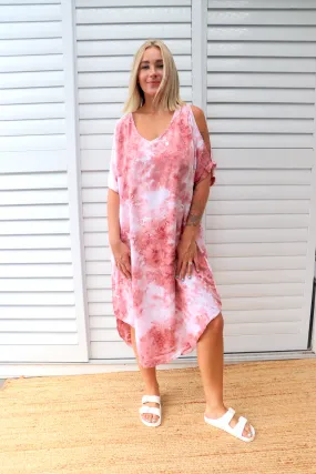 Cold Shoulder Dress In Pink Splash