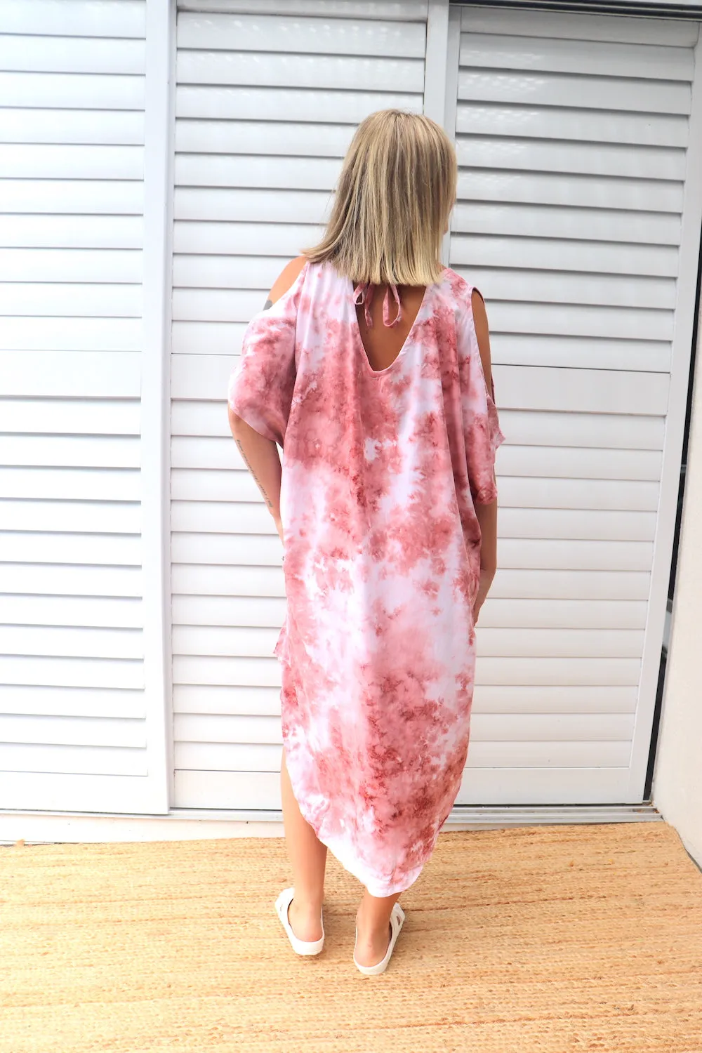 Cold Shoulder Dress In Pink Splash