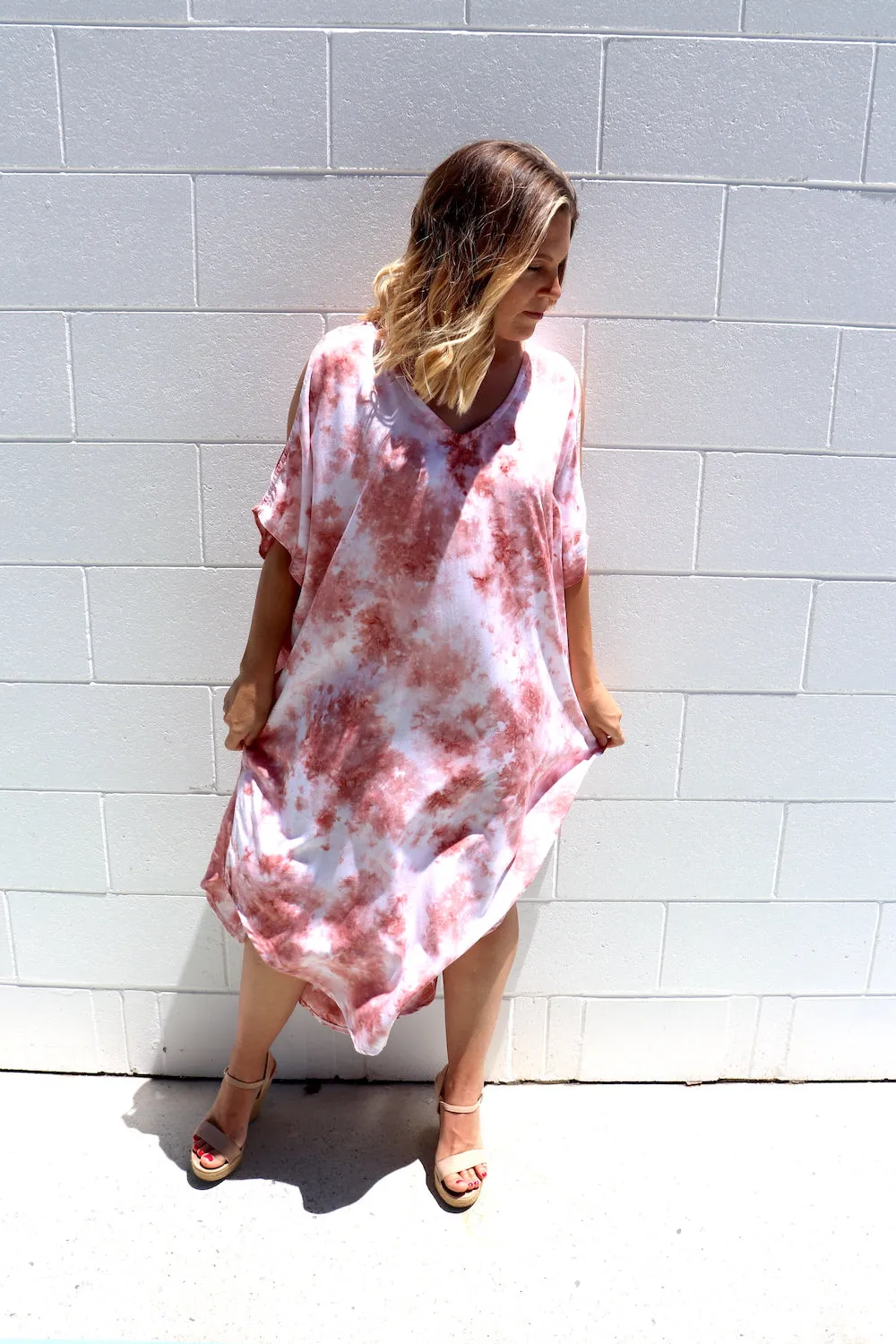 Cold Shoulder Dress In Pink Splash