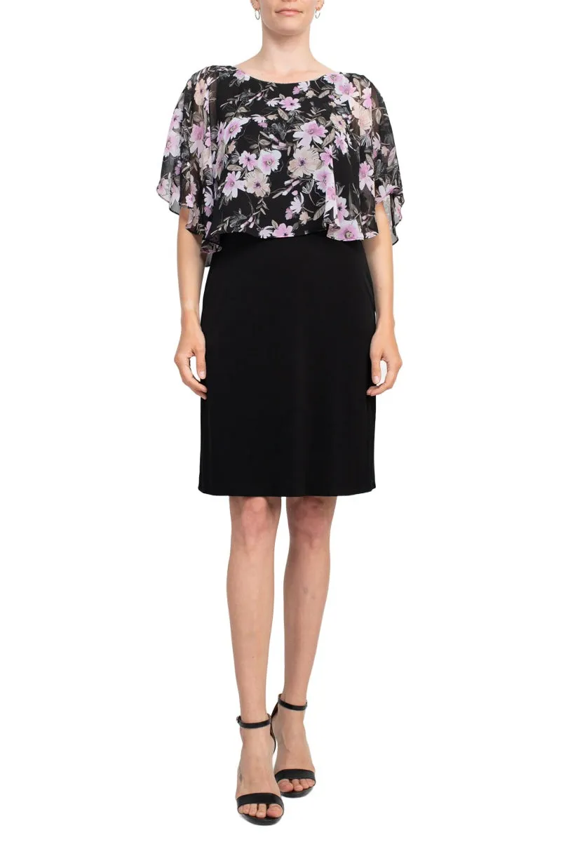 Connected Apparel Boat Neck Floral Print Chiffon Overlay Stretch Crepe Dress