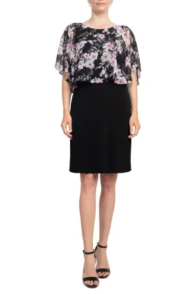Connected Apparel Boat Neck Floral Print Chiffon Overlay Stretch Crepe Dress