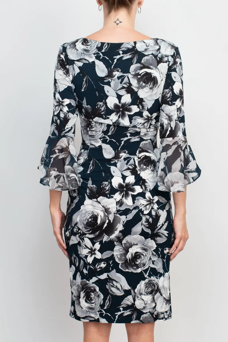 Connected Apparel boat neck slit 3/4 circular flounce sleeve gathered side floral print ity shift dress