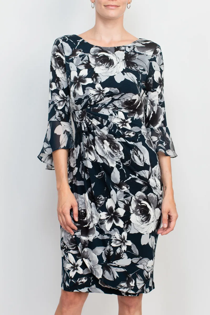 Connected Apparel boat neck slit 3/4 circular flounce sleeve gathered side floral print ity shift dress