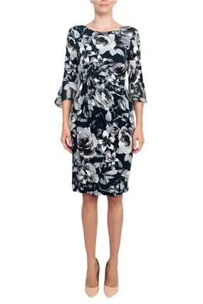 Connected Apparel boat neck slit 3/4 circular flounce sleeve gathered side floral print ity shift dress