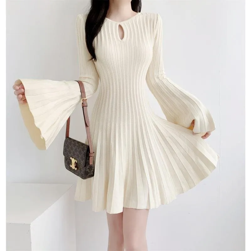 Cream Bat Wing Knitted Dress with Cinched Waist and Flared Skirt