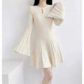 Cream Bat Wing Knitted Dress with Cinched Waist and Flared Skirt