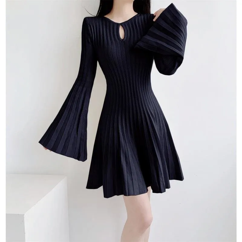 Cream Bat Wing Knitted Dress with Cinched Waist and Flared Skirt