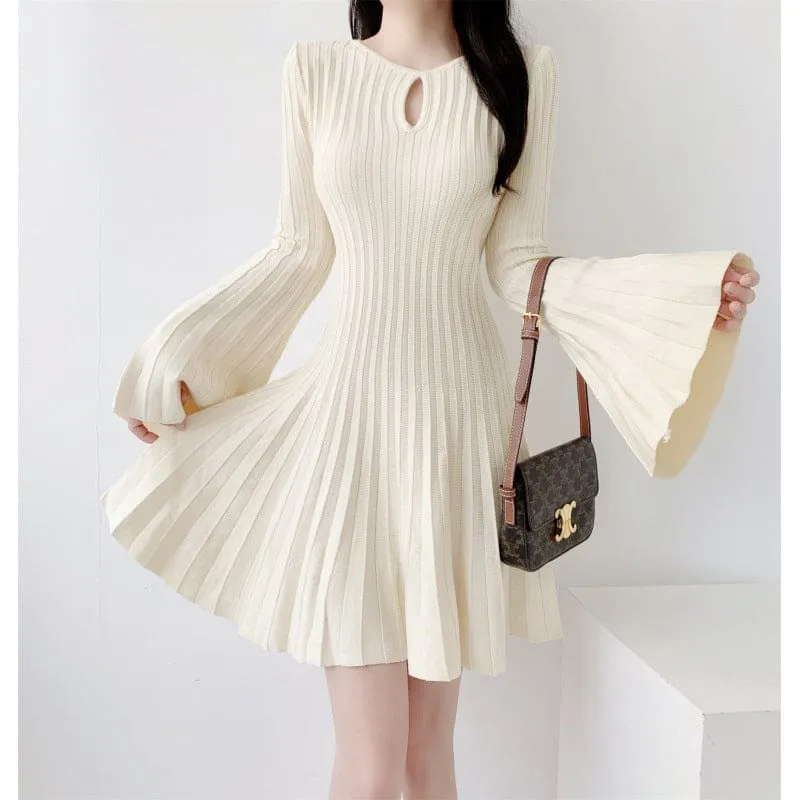 Cream Bat Wing Knitted Dress with Cinched Waist and Flared Skirt
