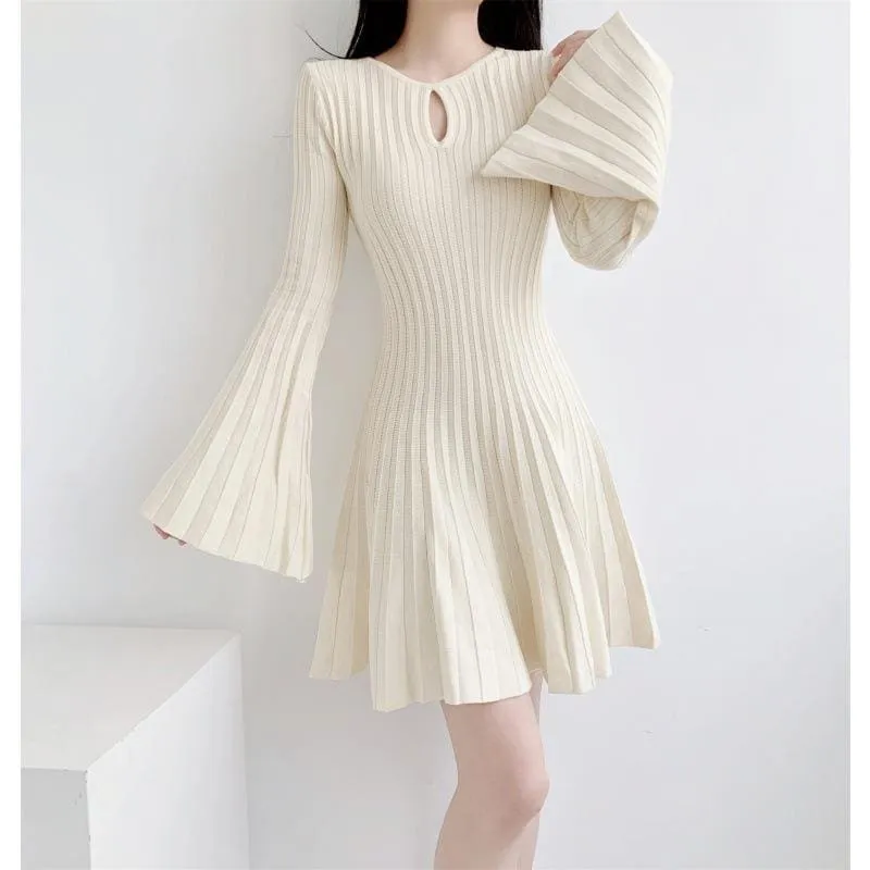 Cream Bat Wing Knitted Dress with Cinched Waist and Flared Skirt