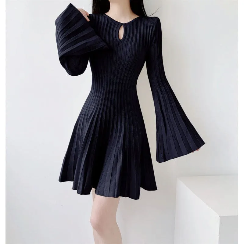 Cream Bat Wing Knitted Dress with Cinched Waist and Flared Skirt