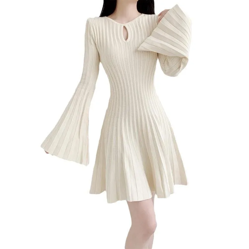 Cream Bat Wing Knitted Dress with Cinched Waist and Flared Skirt