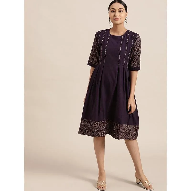 Dark Purple Block print Cotton Dress