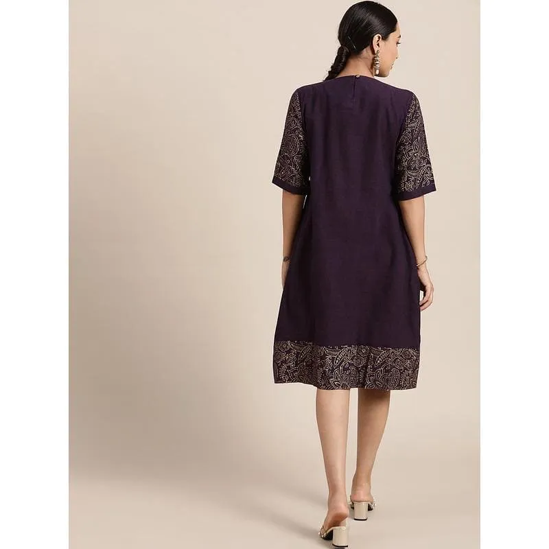Dark Purple Block print Cotton Dress