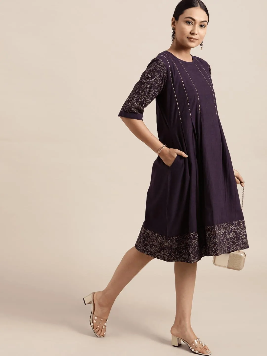 Dark Purple Block print Cotton Dress