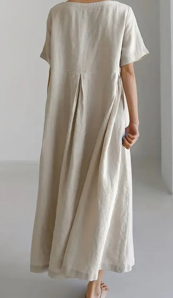 Dress Linen Wiith Pockets, Color Beige, Casual Style, Short Sleeve, Size M