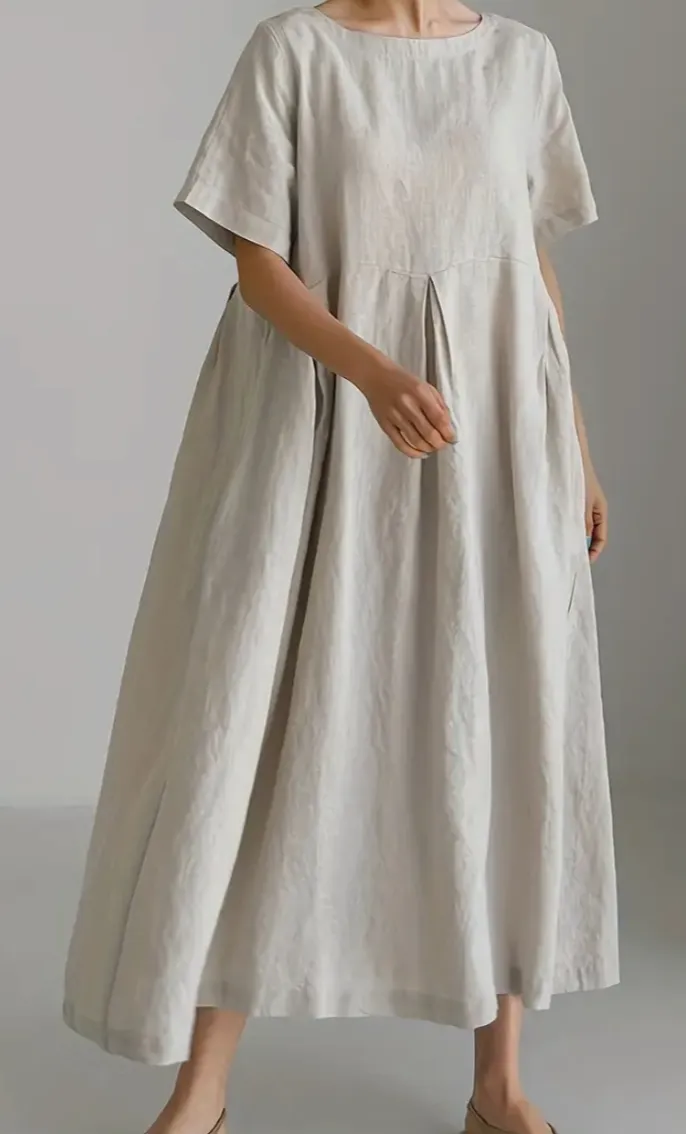 Dress Linen Wiith Pockets, Color Beige, Casual Style, Short Sleeve, Size M