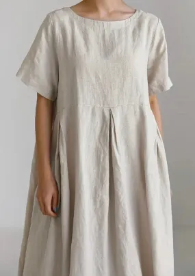 Dress Linen Wiith Pockets, Color Beige, Casual Style, Short Sleeve, Size M