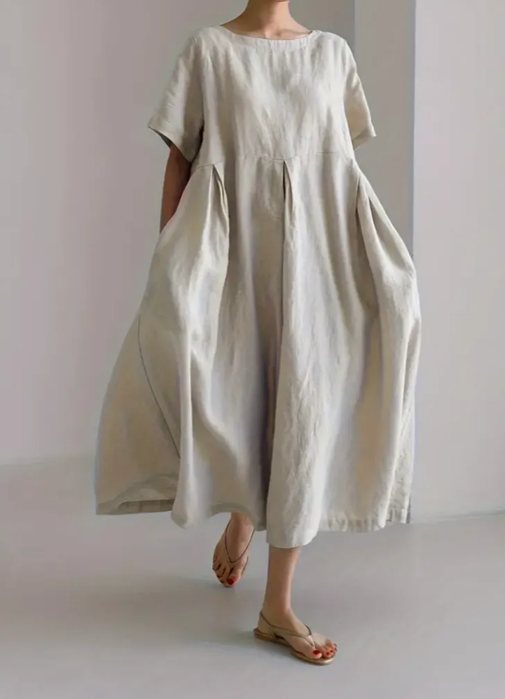 Dress Linen Wiith Pockets, Color Beige, Casual Style, Short Sleeve, Size M