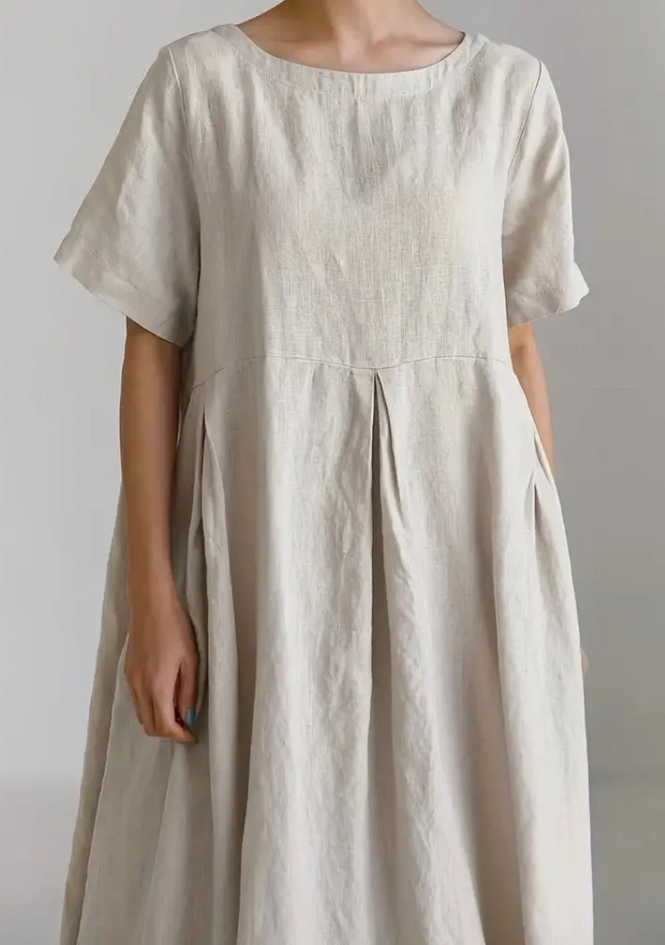 Dress Linen Wiith Pockets, Color Beige, Casual Style, Short Sleeve, Size M