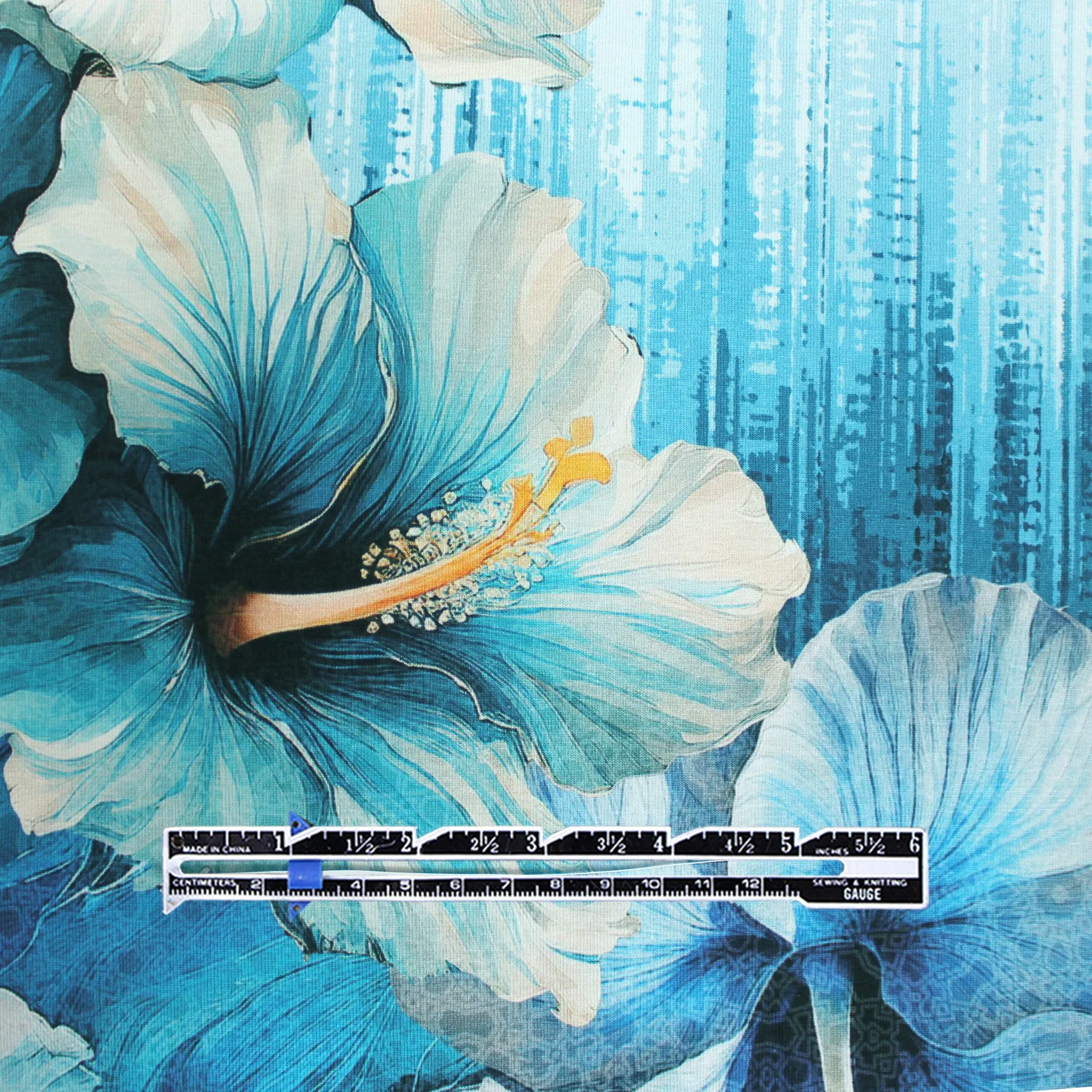 Dutch digital 'blue hibiscus' cotton knit panel, Oeko-Tex