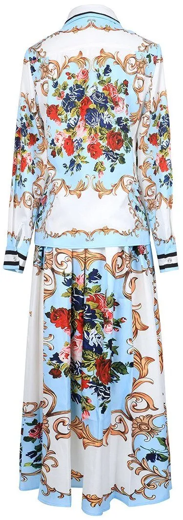 Floral Baroque Printed Blouse and Skirt Set