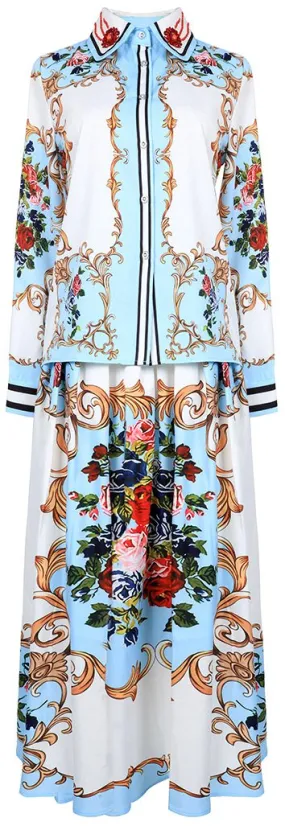 Floral Baroque Printed Blouse and Skirt Set