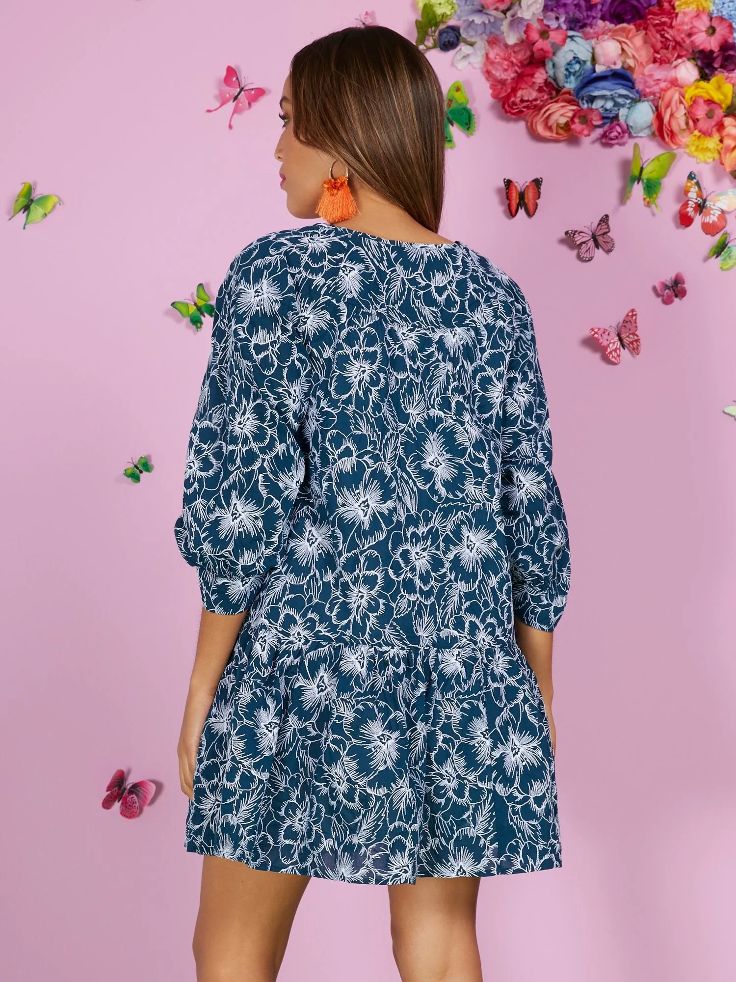 Floral-Print Outline Tiered Babydoll Dress