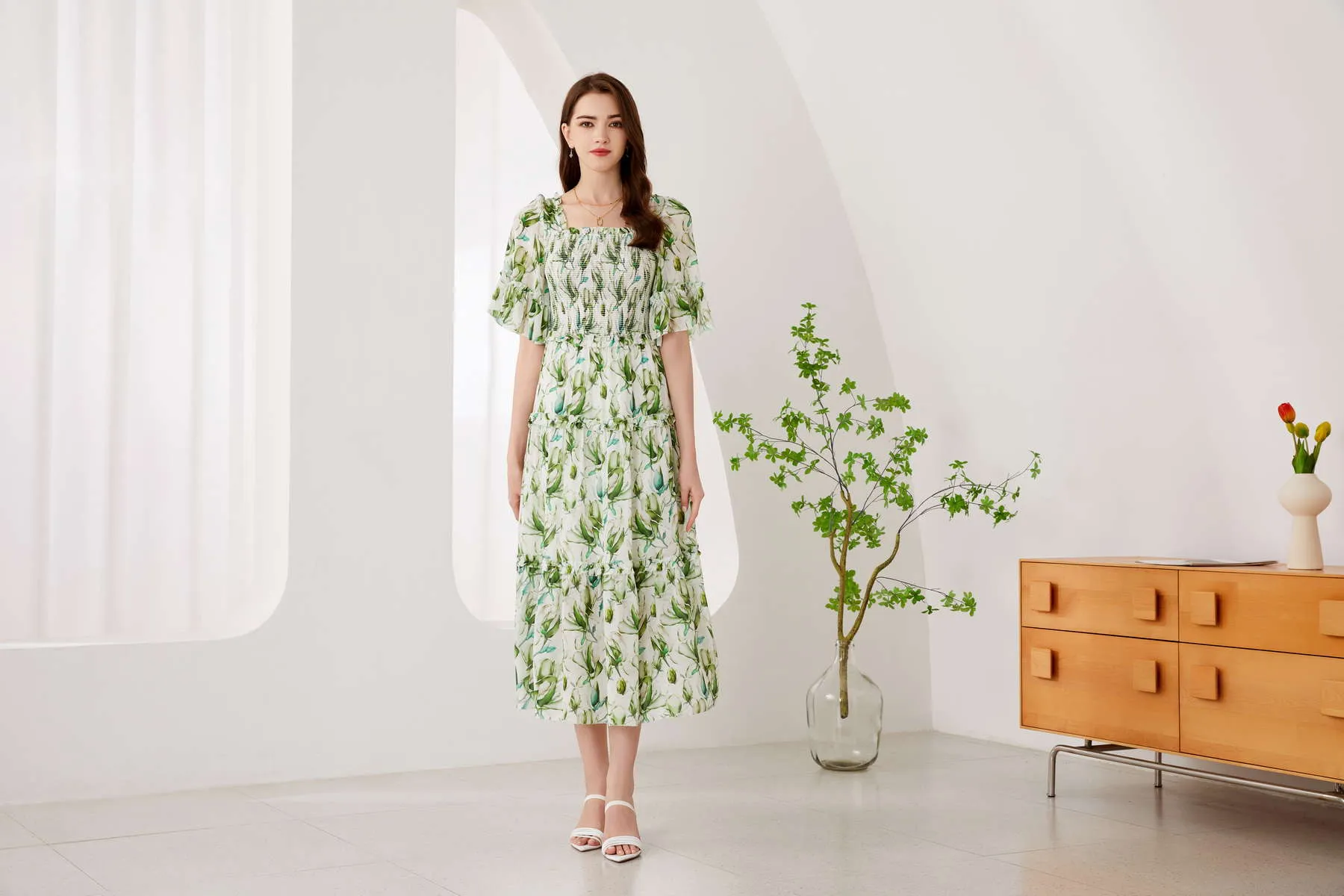 GDS Risette Silk  Long Dress | Green Print