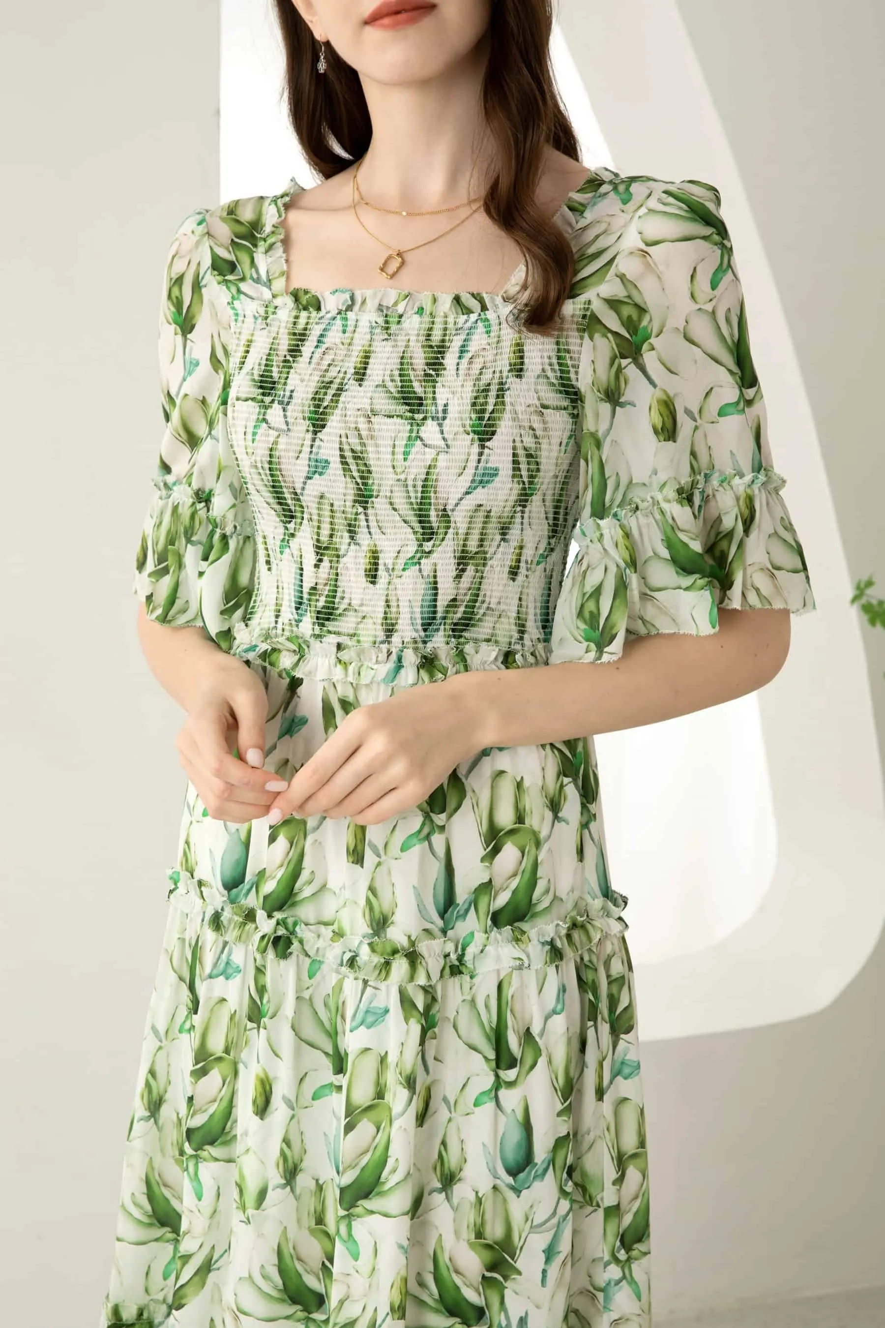 GDS Risette Silk  Long Dress | Green Print
