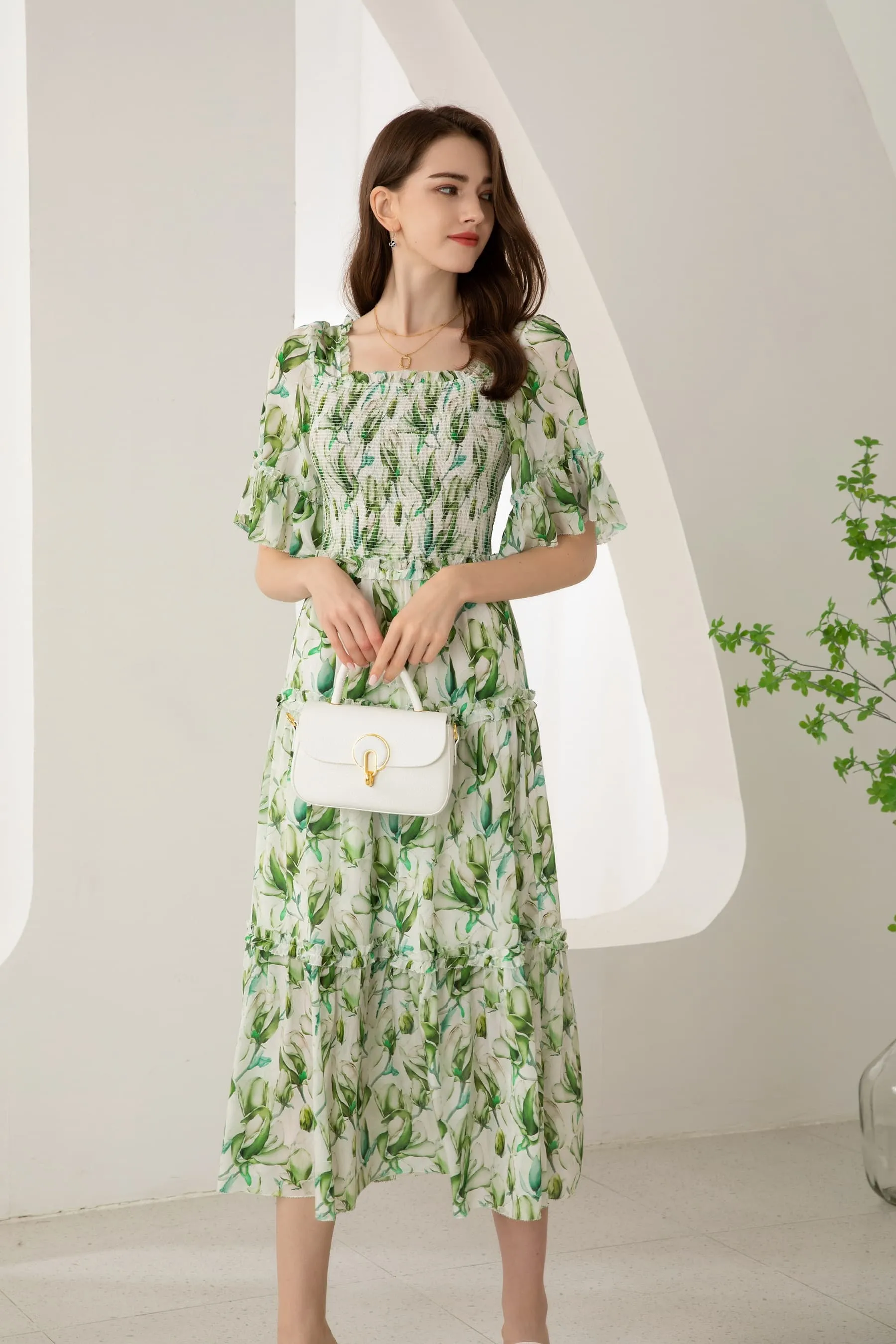 GDS Risette Silk  Long Dress | Green Print