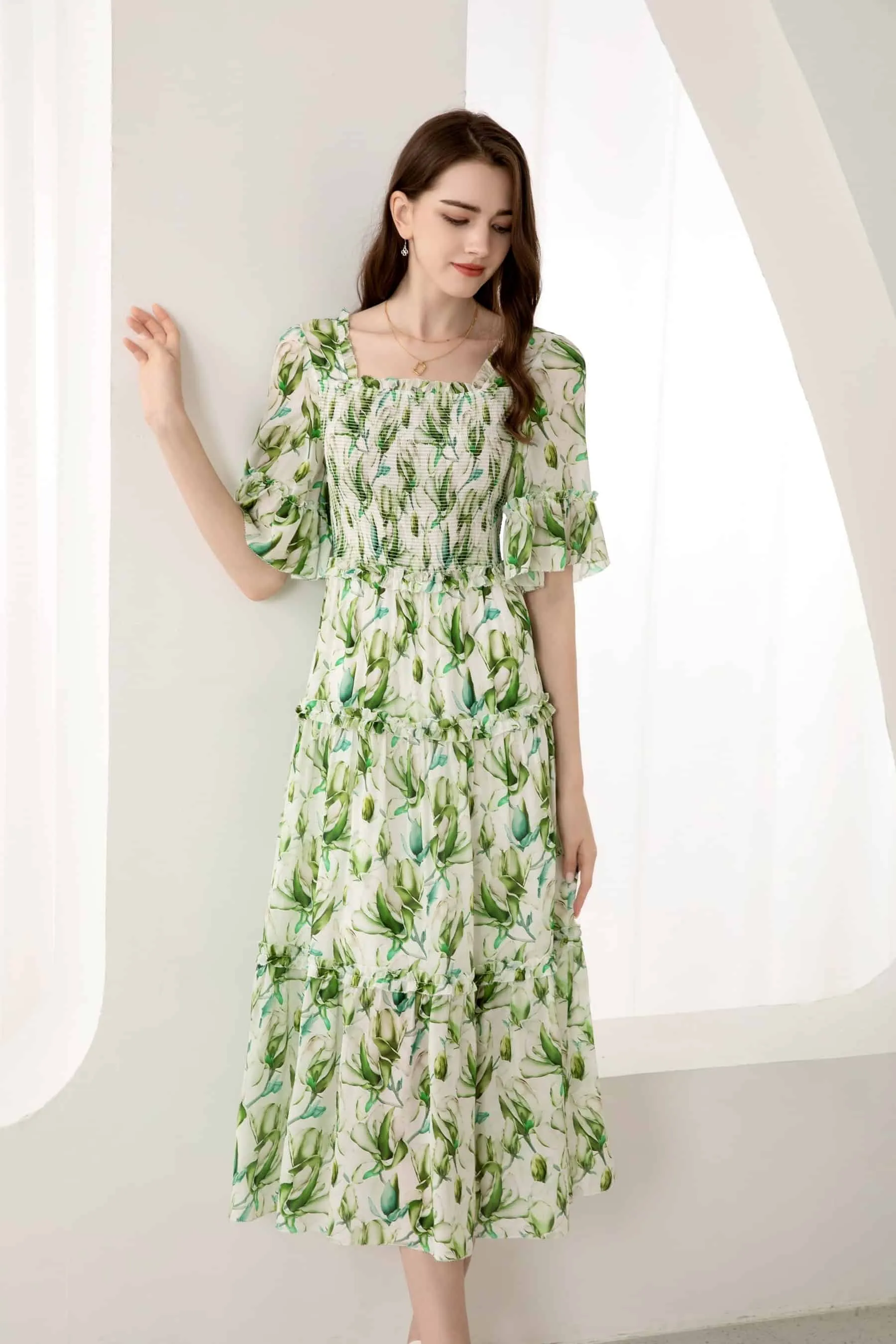 GDS Risette Silk  Long Dress | Green Print