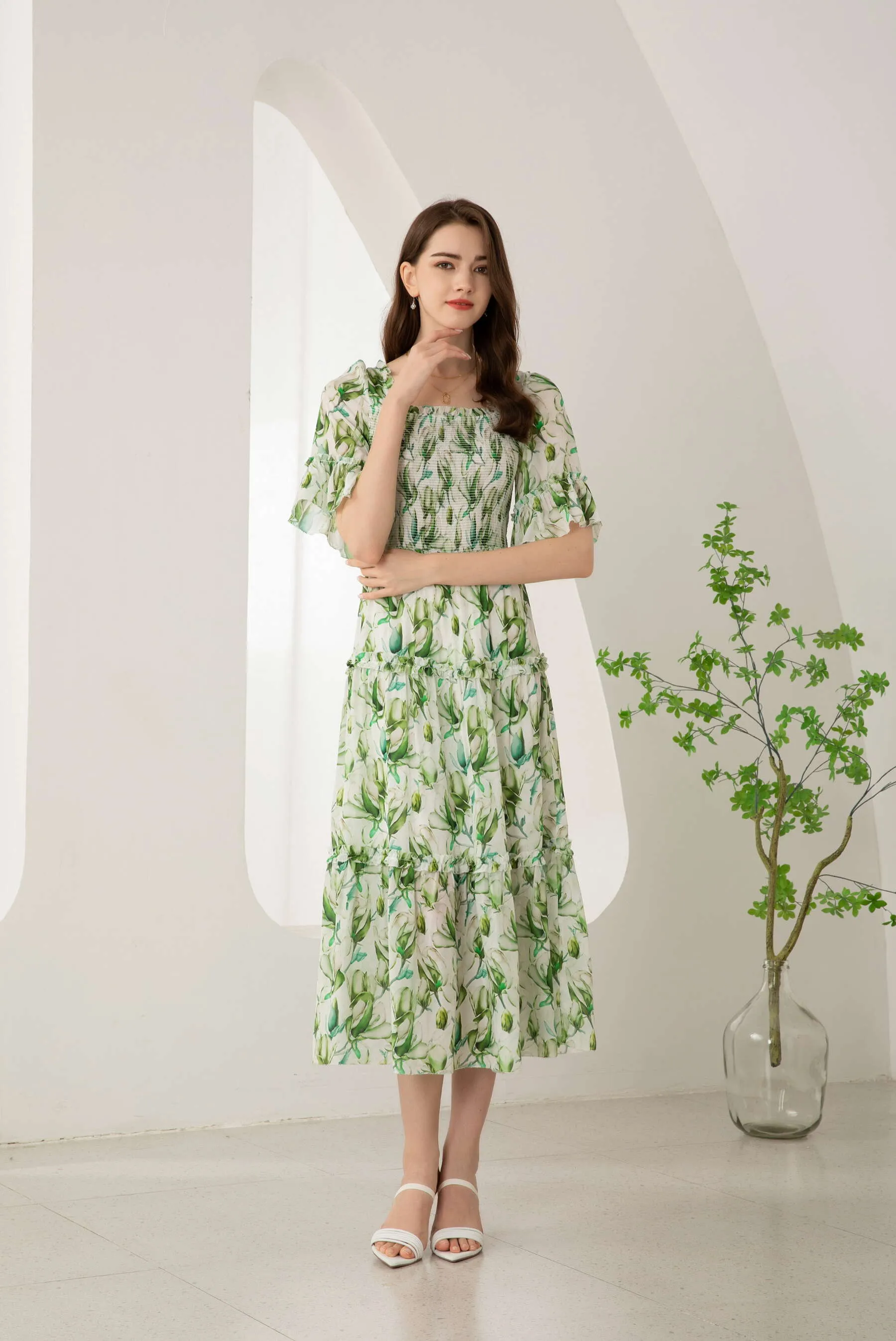 GDS Risette Silk  Long Dress | Green Print