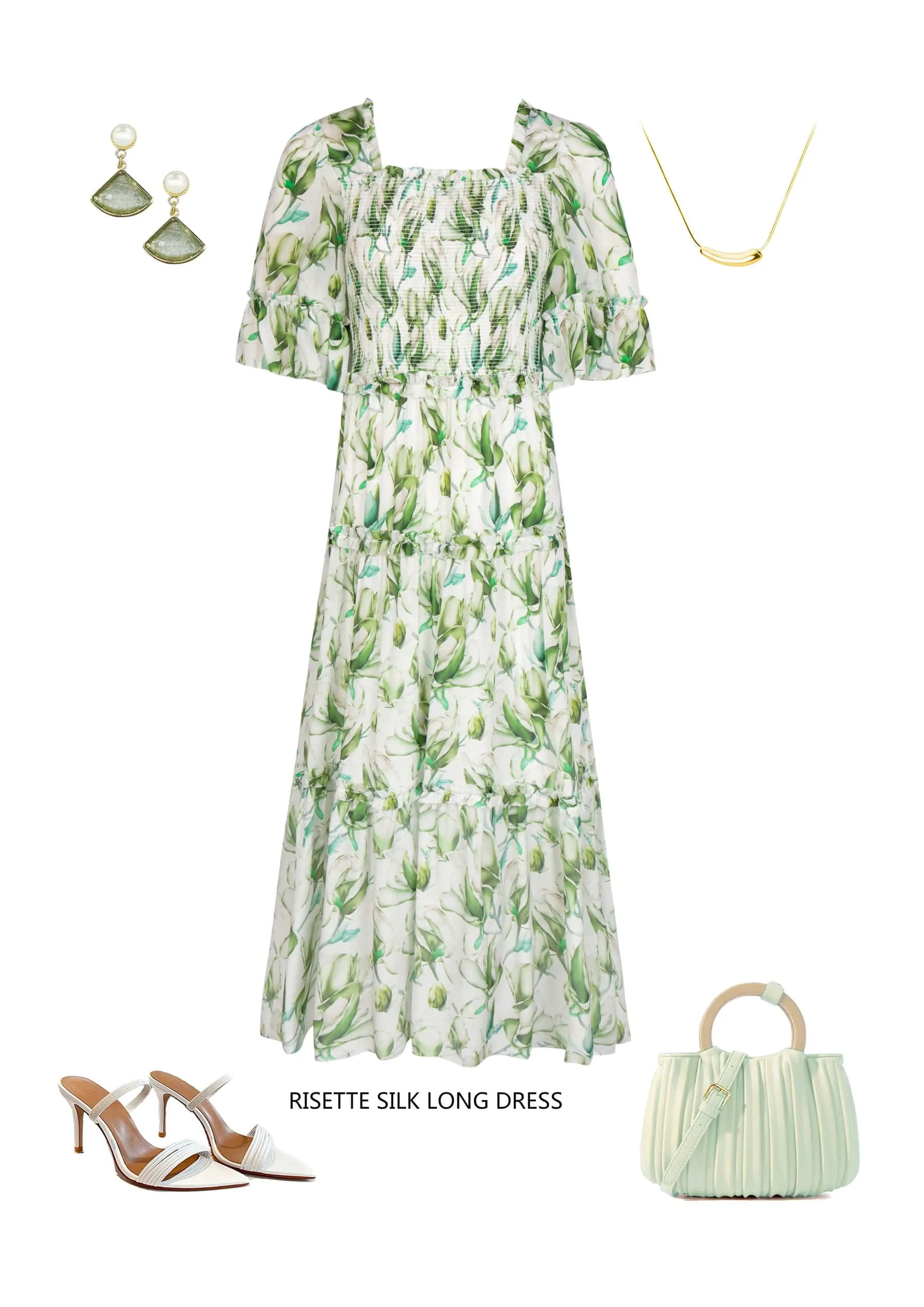 GDS Risette Silk  Long Dress | Green Print