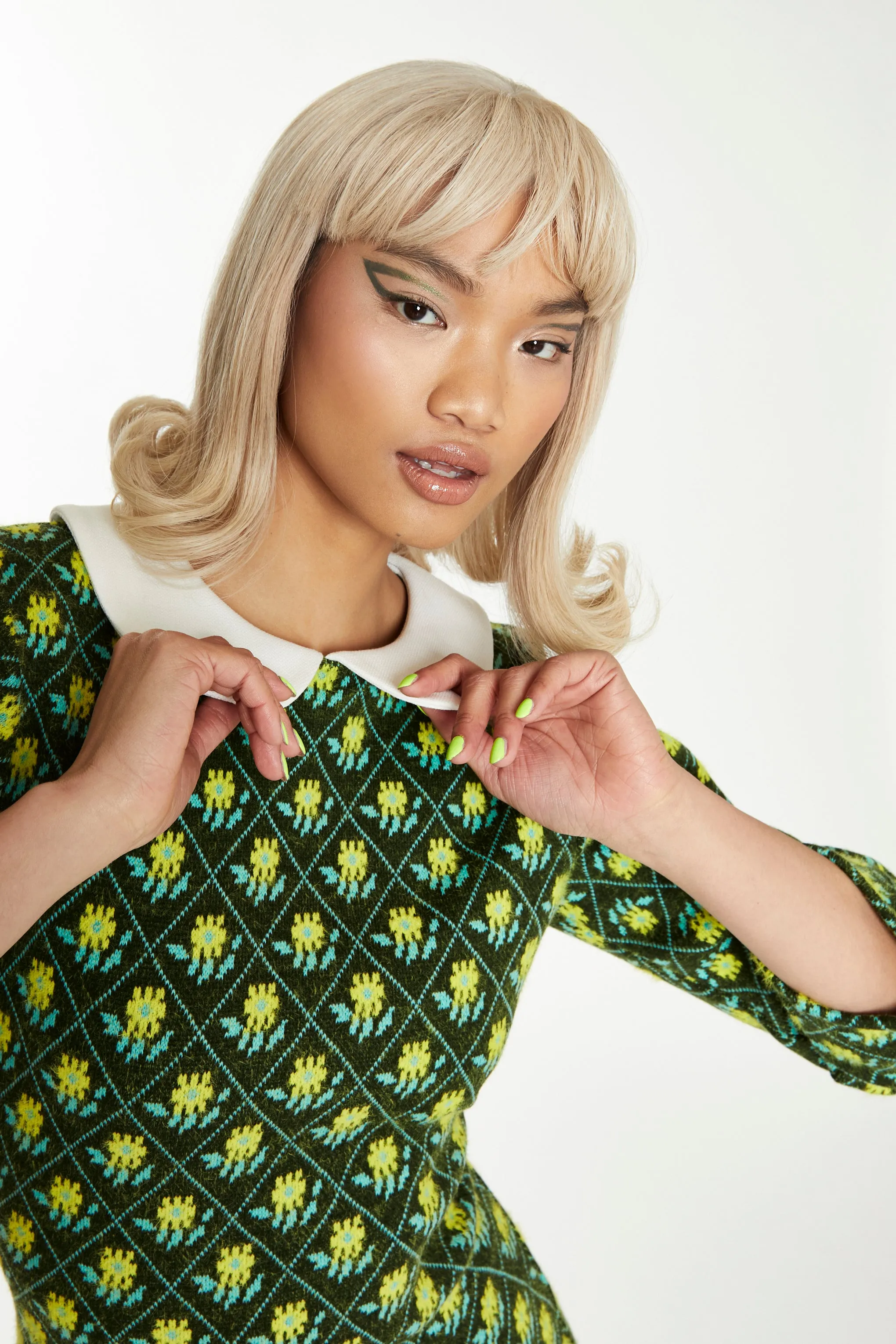 Glamorous Green Multi White Mini Dress with long Sleeves & Curved Collar