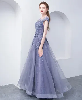 Gray Blue Round Neck Tulle Lace Long Prom Dress, Gray Blue Evening Dress