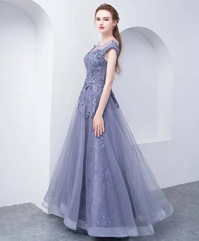 Gray Blue Round Neck Tulle Lace Long Prom Dress, Gray Blue Evening Dress