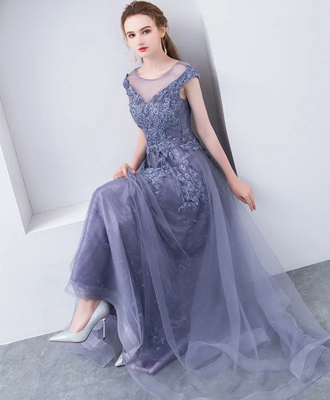 Gray Blue Round Neck Tulle Lace Long Prom Dress, Gray Blue Evening Dress