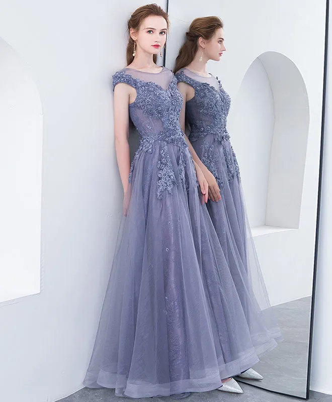 Gray Blue Round Neck Tulle Lace Long Prom Dress, Gray Blue Evening Dress