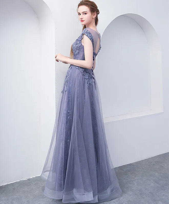 Gray Blue Round Neck Tulle Lace Long Prom Dress, Gray Blue Evening Dress