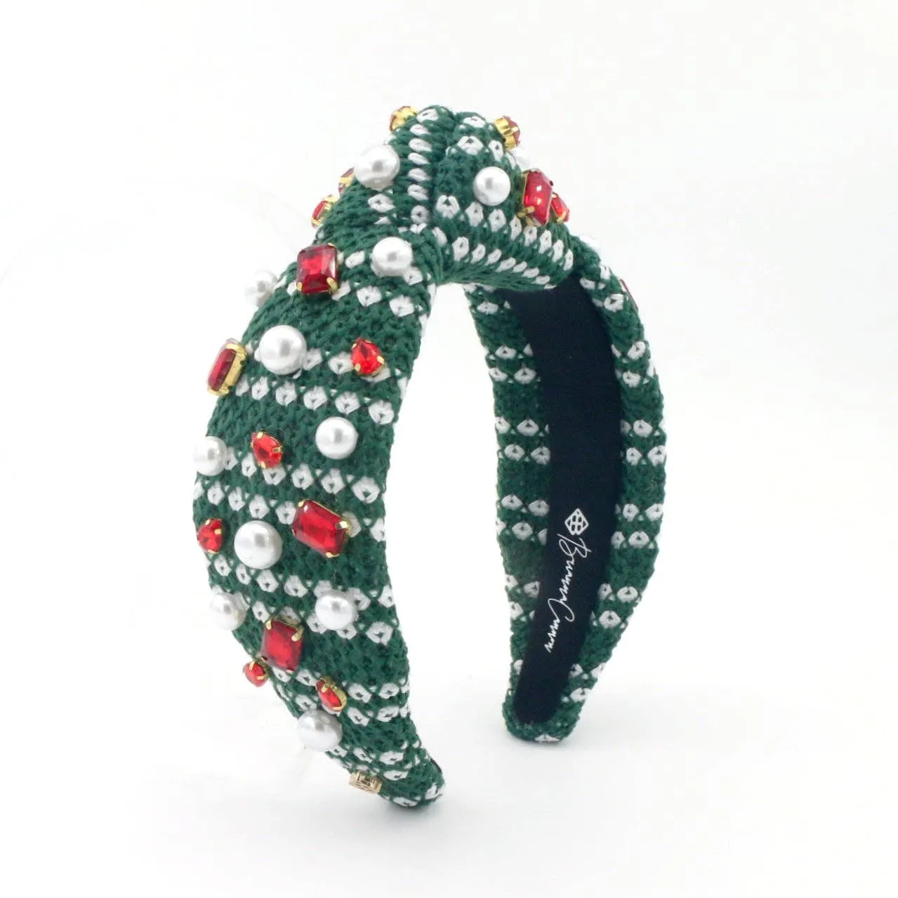 Green & White Knit Winter Headband With Crystals & Pearls